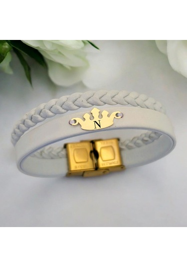 Archin N Harfine Özel Taç Motifli 14 Ayar Altın Plakalı Hakiki Beyaz Derili Hediye Bileklik-645harf N