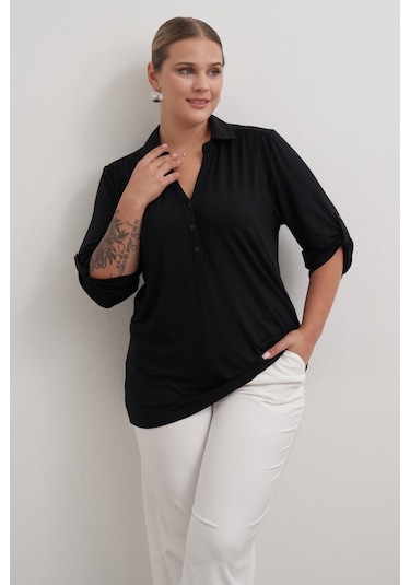 Kıvrık Kollu Örme Bluz-1825 Siyah