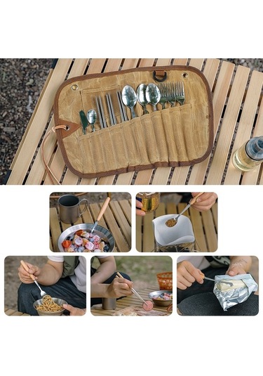 Dancemonkey Kampanya Çantası - 11 Parça Paslanmaz Çelik Yemek Takımı Çatal, Kaşık, Çubuk - Outdoor, Piknik İçin Sarı Sarı