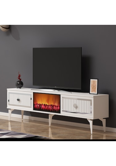 Flame Şömineli Tv Sehpası-ünitesi Beyaz-Gümüş