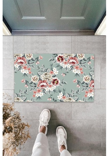 Dijital Baskı Turkuaz Çiçek Kapı Paspası K-3201