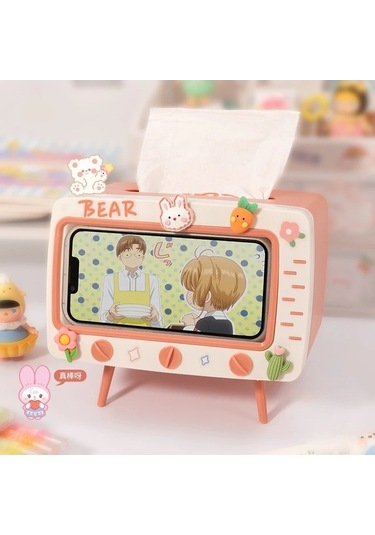 Createtech Gri-sevimli Çok Fonksiyonlu Doku Kutusu Ev İçin Kawaii Tutucu Kare Masaüstü Dekor Tv Doku Kutusu Kasa Pembe Telefon Tutucu Depolama Organizatör/ Pembe