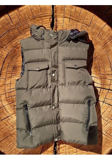 Çocuk Kapüşonlu Cep Detaylı Şişme Kalın Yelek-15008 Haki