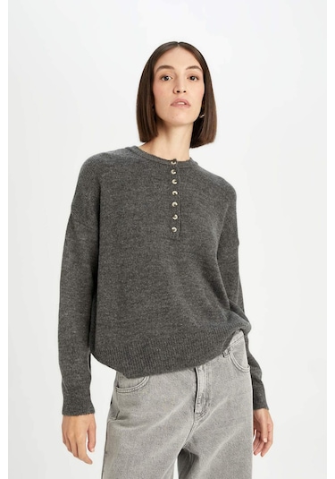 DeFacto Oversize Geniş Kalıp Düğmeli Yaka Triko Kazak D4913AXNSAR15 Antrasit