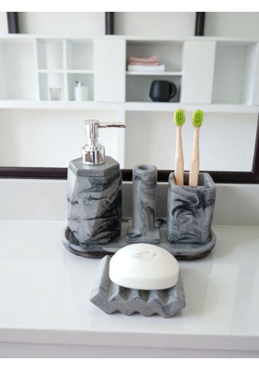 5'li Antrasit Desenli Görünümlü Banyo Seti Tuvalet Wc Sıvı Sabunluk Diş Fırçalığı Beton Antrasit Antrasit