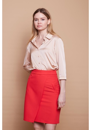 Yüksek Bel Anvelop Kruvaze Pamuklu Likralı Kumaş Kalem Ofis Etek -mercan - Mercan