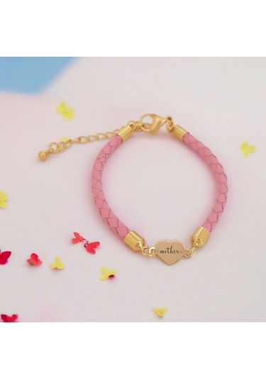 Archin Anne Temalı 14 Ayar Altın Plakalı Pembe Derili Kalp Figürlü Hediye Bileklik-473sembol Anne