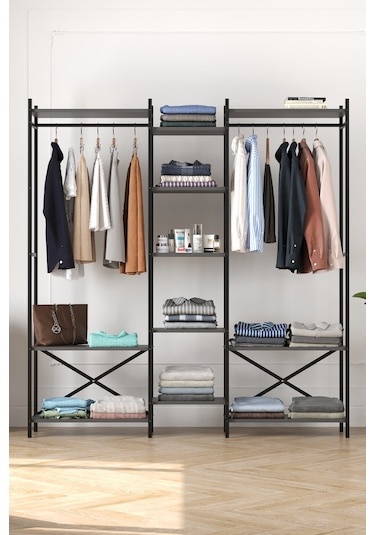 10 Raflı Metal Gardırop Metal Portmanto Açık Gardırop Elbise Dolabı Vestiyer Openix Antrasit