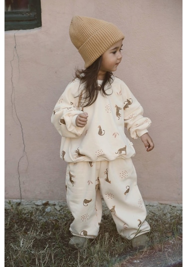 Leopar Baskılı Eşofman Takımı Krem