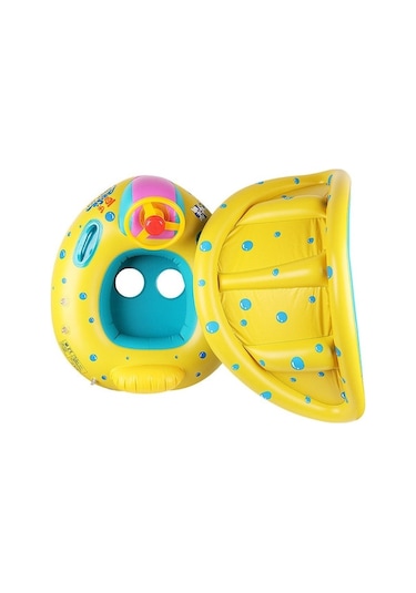 Qingmipy Bebek İçin Güneşlikli Yüzme Simidi - Döner Direksiyonlu, 0-3 Yaş Güvenli Yüzme Oyuncağı Sarı - Mavi