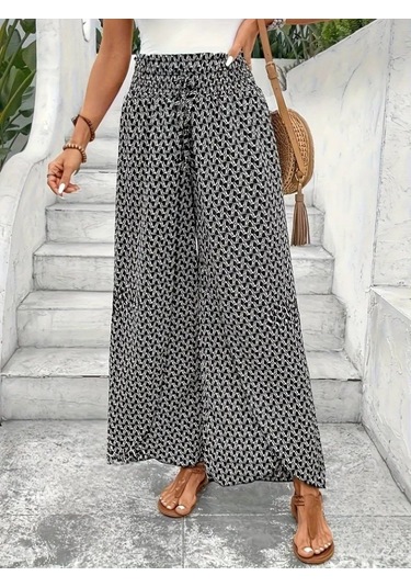 Leyla Sanat Sanata Yeni Bir Bakış Açısı Kadın Yüksek Bel Lastikli Önden Iki Parçalı Desenli Bürümcük Pantolon Siyah