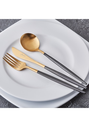 Jumbo Colors Siyah Mat Altın 6 Kişilik 30 Parça Çatal Kaşık Bıçak Seti Mat Altın