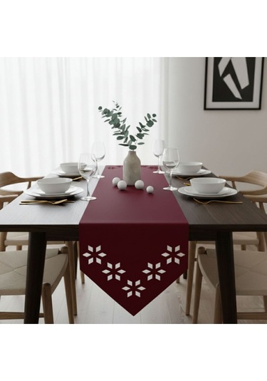 1 Adet Deri Runner-40x140 Cm-çiçek Desenli Runner Bordo