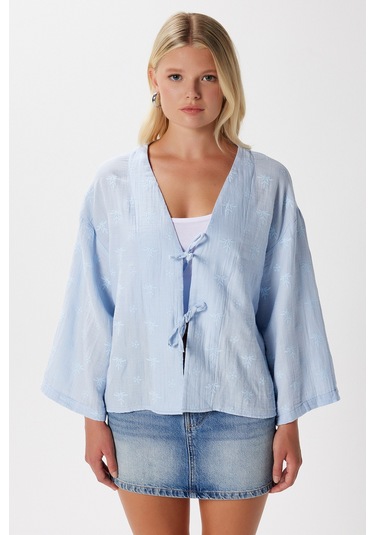 Ritnice Kadin Flora Müslin Kabartma Dokulu Mavi Kimono Mavi