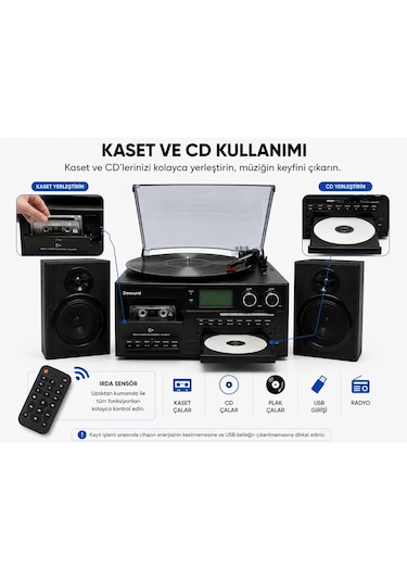 Dosound Tr-18 Ahşap Hoparlörlü Pikap Çalar Kaset Cd Bluetooth Usb Sd Müzik Sistemi 1 Adet