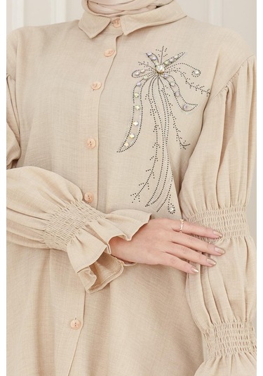 Önü Taşlı Kolu Lastikli İkili Takım-bej-5098 Bej