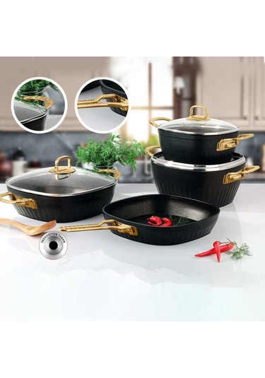Lines Defne Altın Kulp Granit 7 Parça Kare Tencere Takımı Siyah