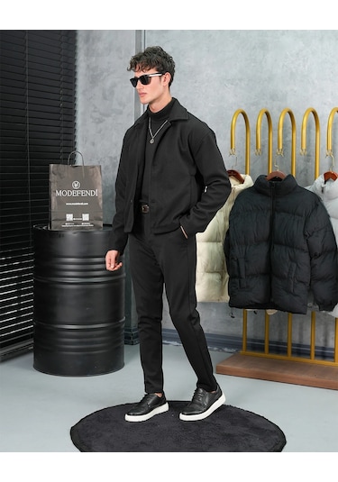 Modefendi Orta Slim Fit Düğme Detaylı Kaşmir Kaban Siyah