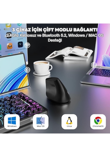 İ300 Kablosuz Ergonomik Dikey Mouse- 84gr-sessiz Tıklama- 57 Açı-16.000 Dpı Diğer