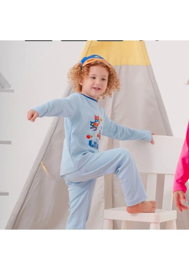 Süper Heros Çanta Ve Maskeli % 100 Pamuk Erkek Çocuk Pijama Takımı Mavi