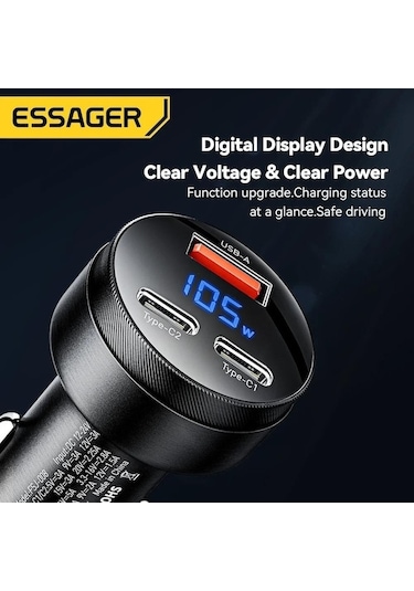 Monyee Essager 105w Süper Hızlı Şarj 2c+a Üç Portlu Alüminyum Sayısal Göstergeli Araç İçi Telefon Şarj Cihazı Siyah Siyah