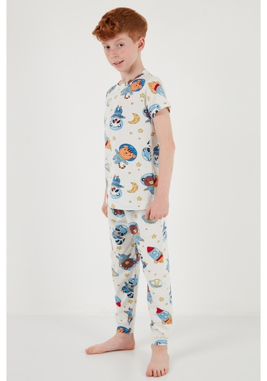 Lela Desenli % 100 Pamuk Bisiklet Yaka Erkek Çocuk Pijama Takımı 6651003 Ekru-Mavi