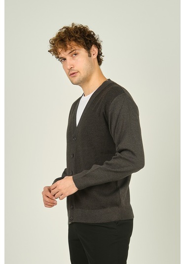 Ateş Triko Erkek Cep Detaylı V Yaka Yün Hırka 4490 Koyu Gri Koyu Gri