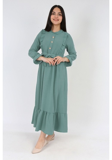 Kiz Cocuk Elbise Aerobin Keten Kumaş Tesettüre Uygun Uzun Boydan Cocuk Elbise Yonca Yeşili