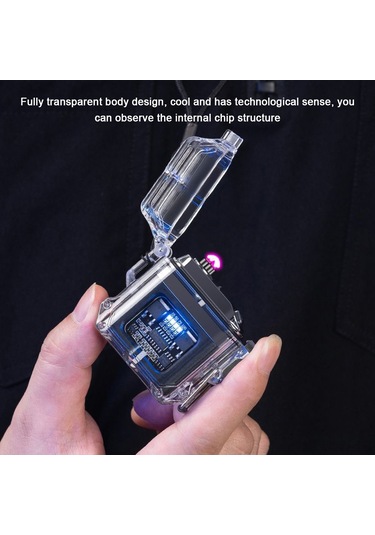 Tenfowee Şeffaf Su Geçirmez Çift Ark Elektronik Çakmak, Rüzgara Dayanıklı Usb Şarjlı Taşınabilir Çakmak, Siyah Dahili Lityum Pil Siyah