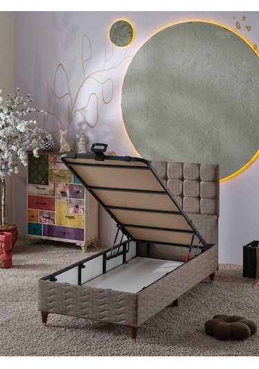 Beehanem Bengü Tek Kişilik 3lü Set Yatak+baza+başlık Keten Kahve 90 X 190