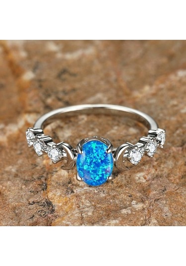 Dancemonkey Yüzük Retro Oval Opal Nişan Küçük Kadın Alyansı Beyaz&mavi Ay Desenli 6 Jg Şık Zarif Takı Modelleri Çok Renkli