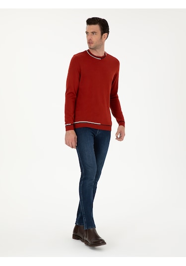Cacharel Kiremit Slim Fit Yün Karışımlı Bisiklet Yaka Triko Kazak Kırmızı