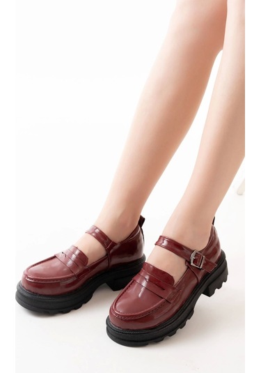 Bordo Rugan Kadın Günlük Yüksek Tabanlı Loafer Ayakkabı Bordo