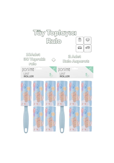 Porsima 3105 Kedi Köpek Tüy Toplayıcı Rulo + 10 Adet Rulo + 2 Adet Tutma Aparatı Toplam 300 Yaprak Mavi Mavi