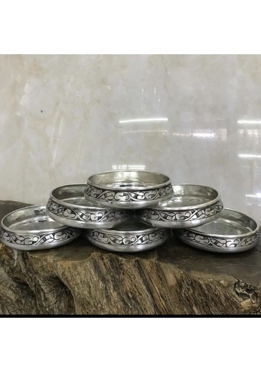 Dmt Gaziantep Bakır 6'lı Kahvaltı Tabağı Seti Kahvaltı Kasesi Çerezlik Seti El İşlemesi Çap:10 Cm Gümüş