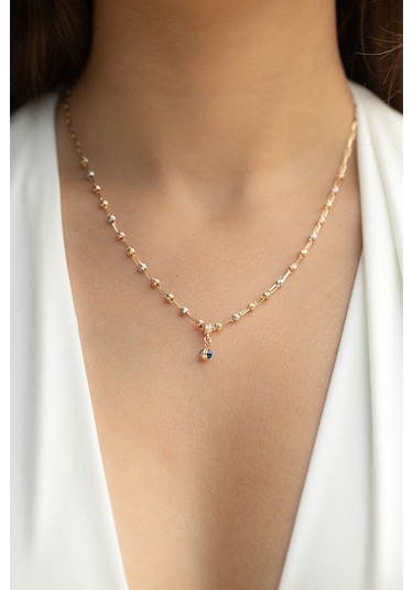 Uşaklıhafız  14 Ayar Altın Nazar Boncuklu Üç Renkli Dorika Kadın Kolye