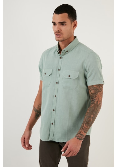 Buratti Düğmeli Yaka Pamuklu Slim Fit Cepli Erkek Gömlek Cf21S111153 Elma Yeşili