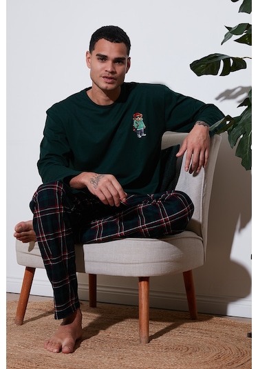 Buratti Ekoseli Regular Fit Yüksek Bel Cepli Bisiklet Yaka Erkek Pijama Takımı 6574002 Yeşil