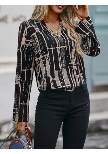 The İstanbul Kadın Uzun Kollu V Yakalı Desenli Dalgıç Bluz Siyah