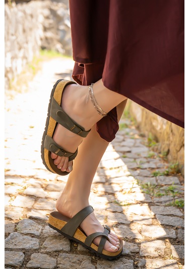 Kadın Mayarı Haki Yeşil Mia Model Ortopedik Parmak Arası Terlik Haki