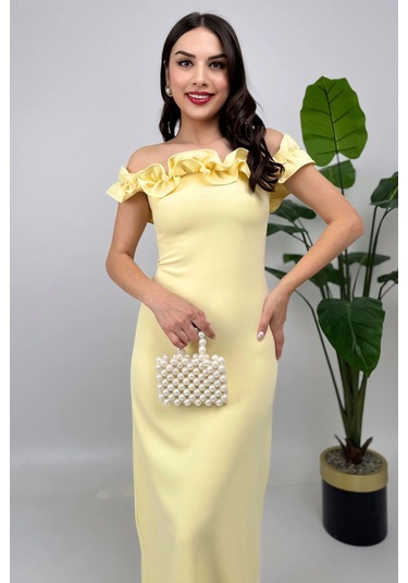 Arlina Madonna Yaka Göğüs Büzgülü Uzun Sarı Abiye Elbise Sarı