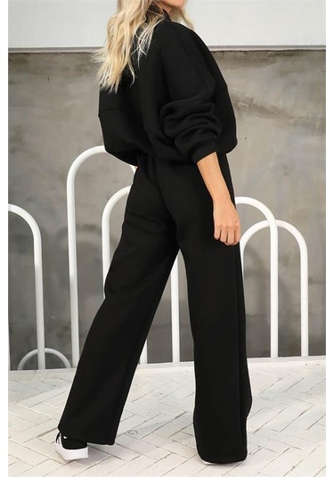 Neşeli Butik Kadın Penye 3 İplik Şardonlu Kumaş Eşofman Takımı Gts022 - Siyah Siyah