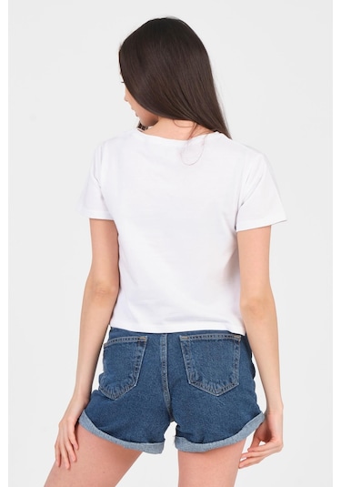 As Collection Beyaz Bisiklet Yaka Kısa Kol Örme Kadın Crop Beyaz