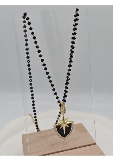 Siyah Taşlı Dorika Boncuklu Çelik Kalkan Kolye Siyah