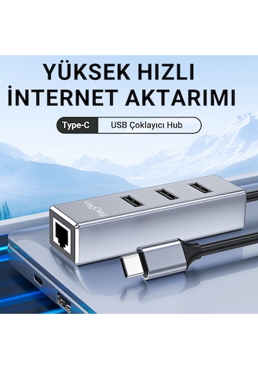 Veggieg Usb Type-c To 100mbps Ethernet Çevirici Ve 3 Portlu Usb Hub Çoklayıcı