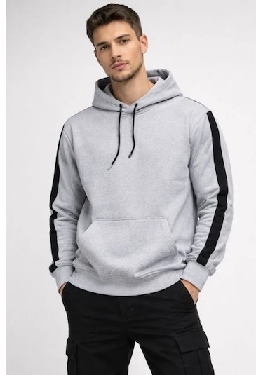 Defymoda Erkek Şeritli Kapüşonlu Sweatshirt Oversize 3 Iplik Pamuklu - Beyaz Beyaz