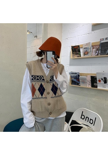 Moda V Yaka Örme Yelek Kadın Sonbahar Yeni Gevşek Montaj Vintage Hırka Kolsuz Üst Lacivert