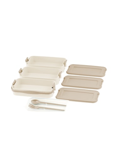 İronika 1260 Ml 3 Katlı Kapaklı Çatal Bıçaklı Beslenme Kutusu Lunch Box Beslenme Kabı - Kahve Kahverengi