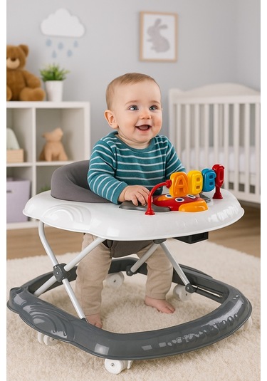 Cookie Ayarlanabilen Müzikli Yumuşak Pedli Lüks Yürüteç Gri