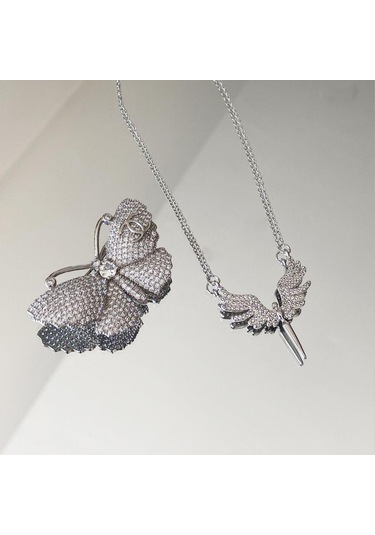 Mikail Meleği Taşlı Çelik Kolye Broş Set Çok renkli